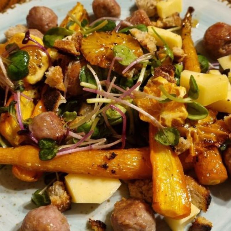 Winter Meatball, Roast Carrot and Orange Salad with Maple Syrup and Sourdough Crumb